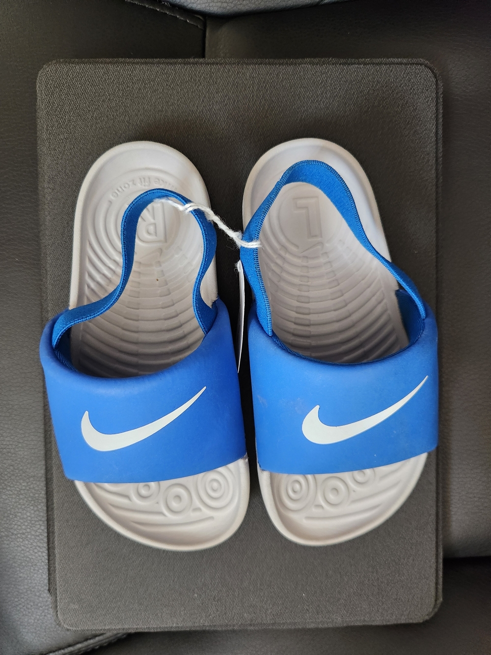 Nike Kids Blue Slide Sandals with White Swoosh and Heel Strap - Picture 2 of 3